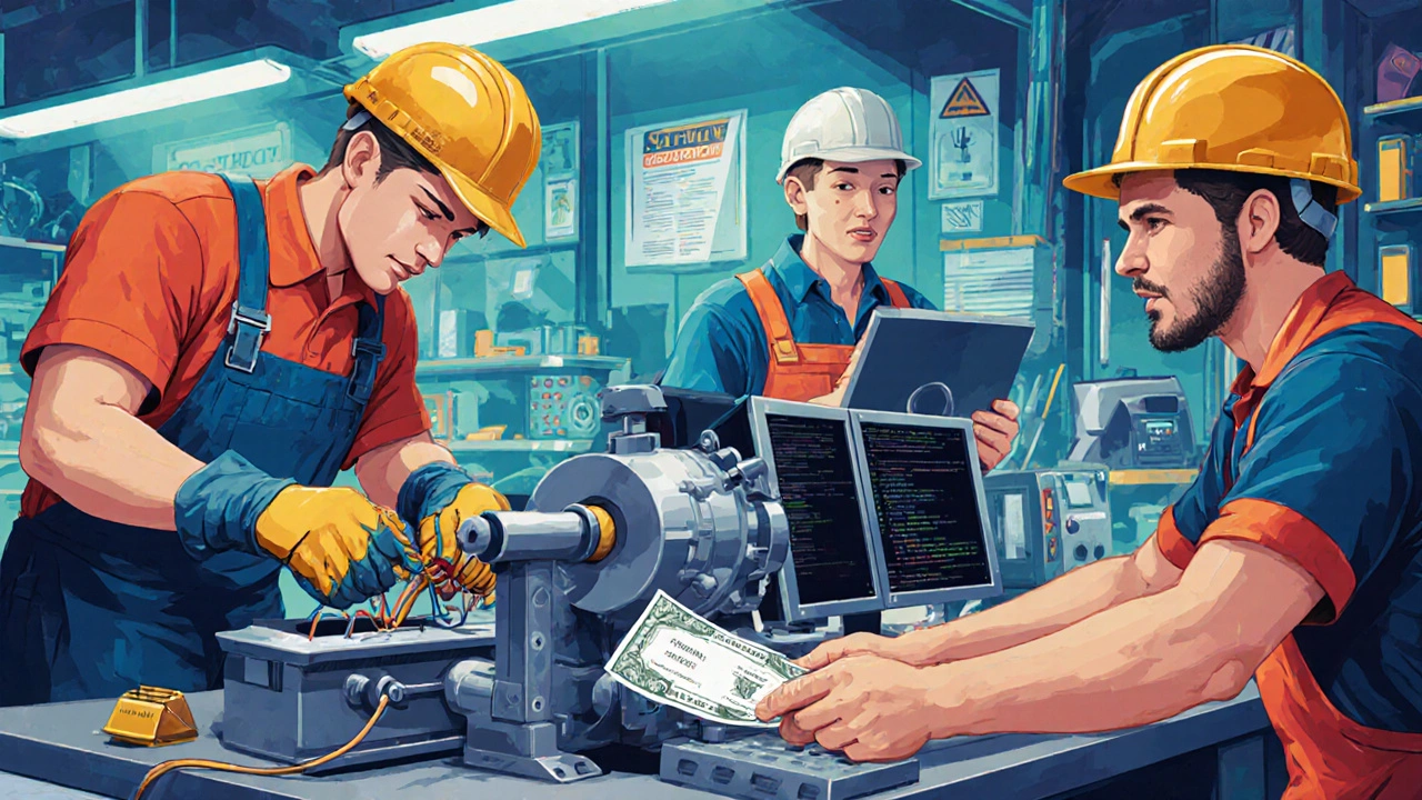 Apprentices at work: electrician, machinist, and coder receiving a paycheck from a supervisor.