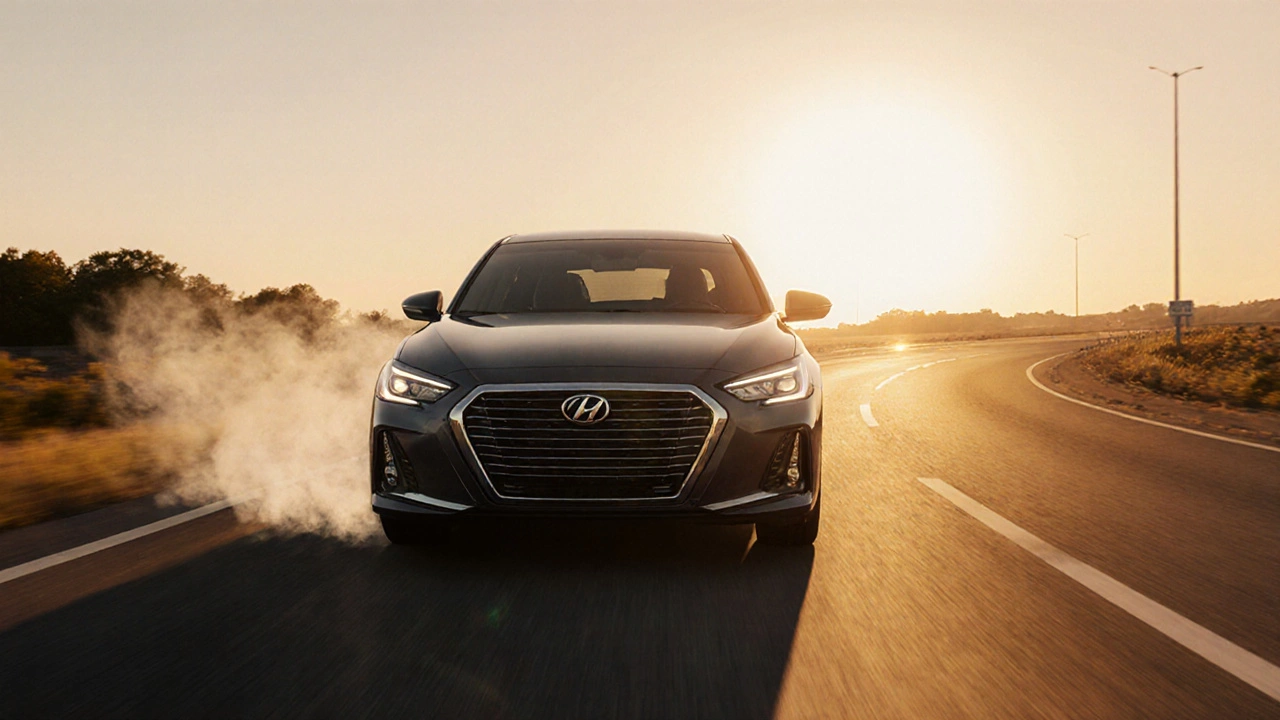 Car accelerating on a sunrise highway showing smooth motion and clean exhaust.