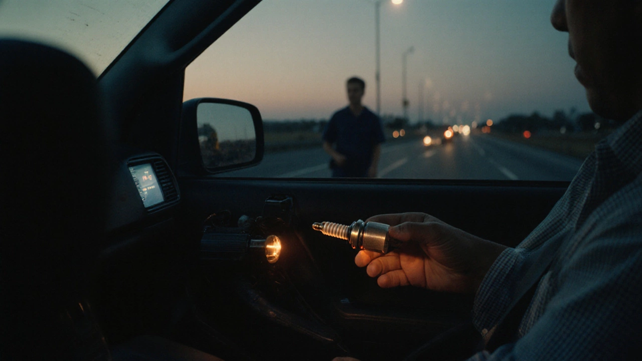 Car on the road with driver noticing engine trouble after a missing spark plug, mechanic offering a spare plug.