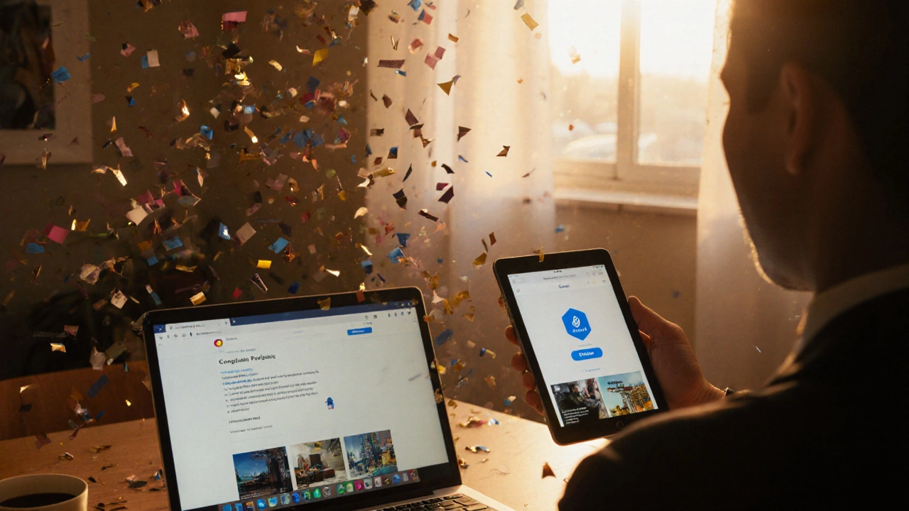 Celebrating candidate receiving a job offer, with portfolio website open on a tablet.