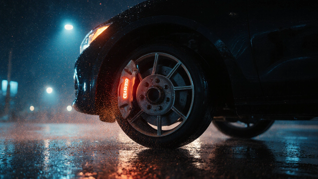 Close‑up of a car wheel with thin brake pads, brake dust, and a dashboard warning light.
