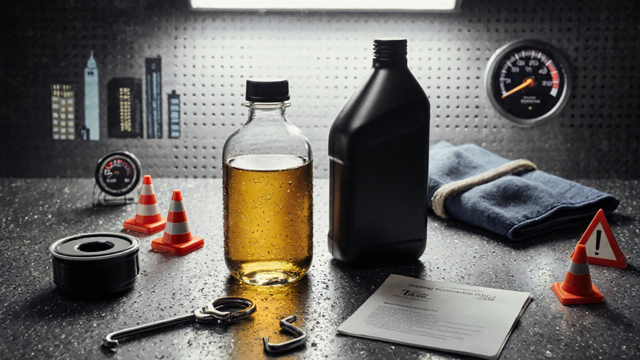Close‑up of conventional and synthetic oil bottles, filter, and icons for driving conditions.