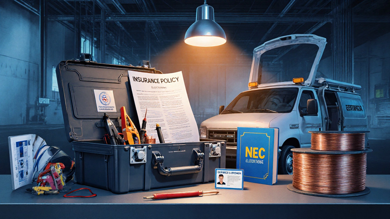 Collage of tools, insurance folder, license badge, service van, copper wires, and codebook.