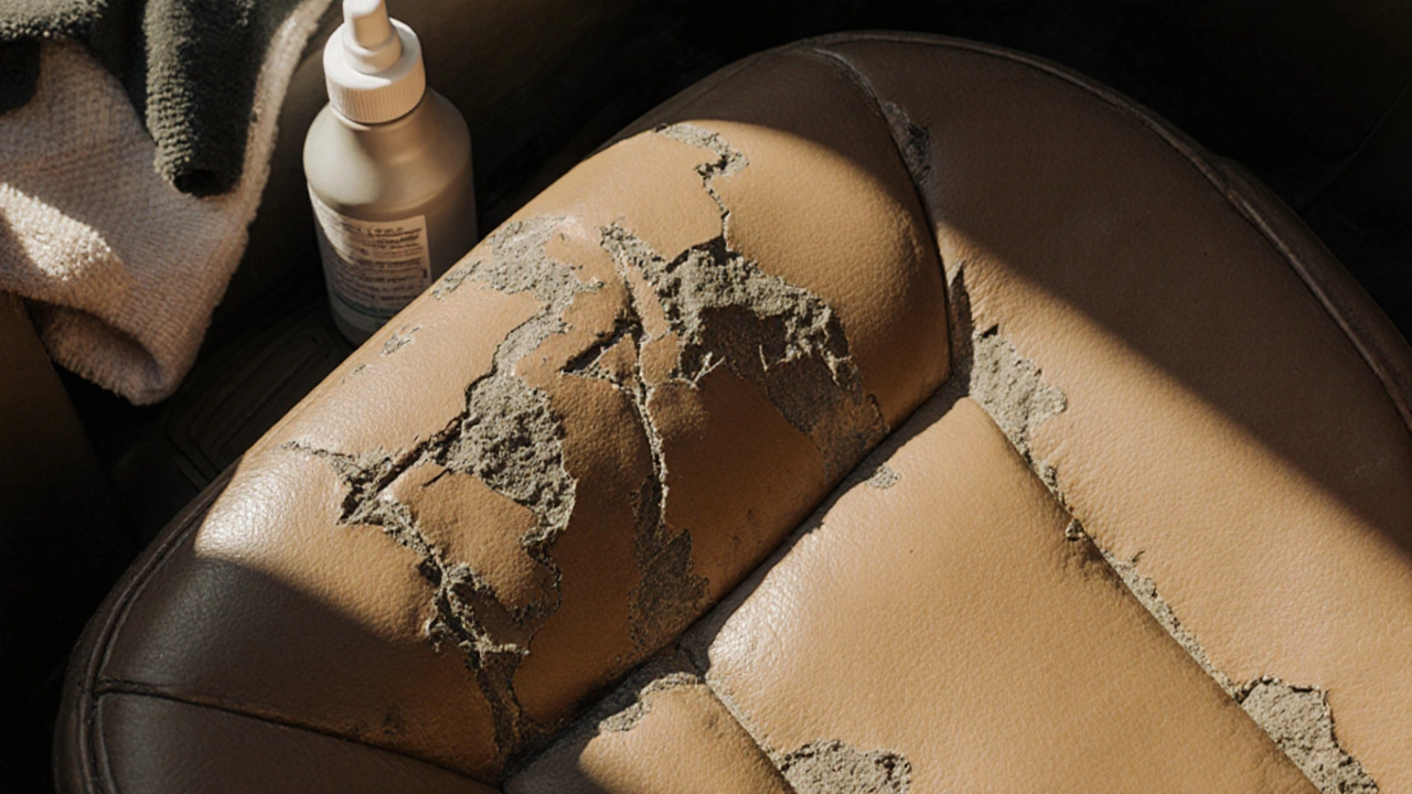 Cracked and faded leather car seat with dust in the fissures, conditioner bottle nearby.
