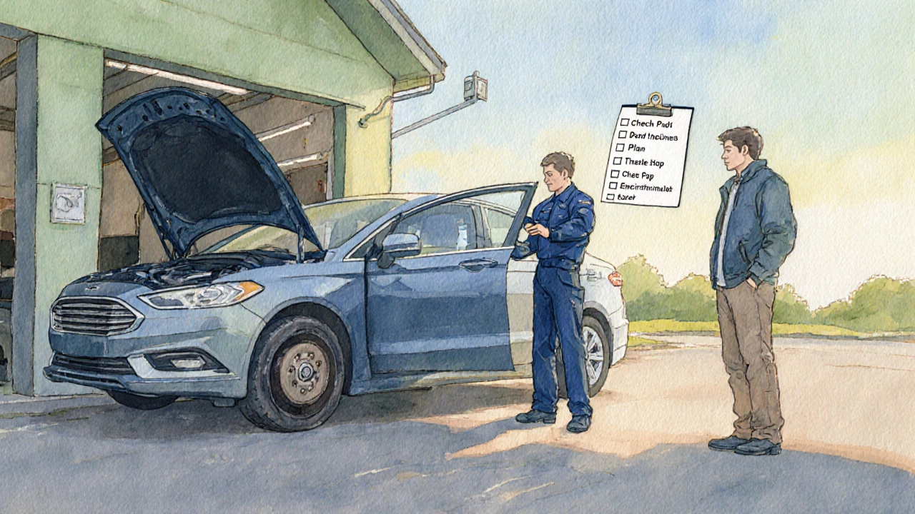 Driver and mechanic examining brake pads at a service station.