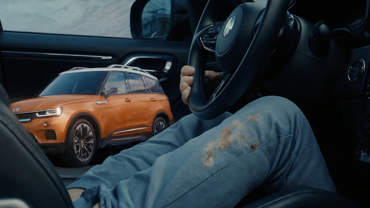 Driver sliding on smooth leather seat, contrasting with cloth seat in background.