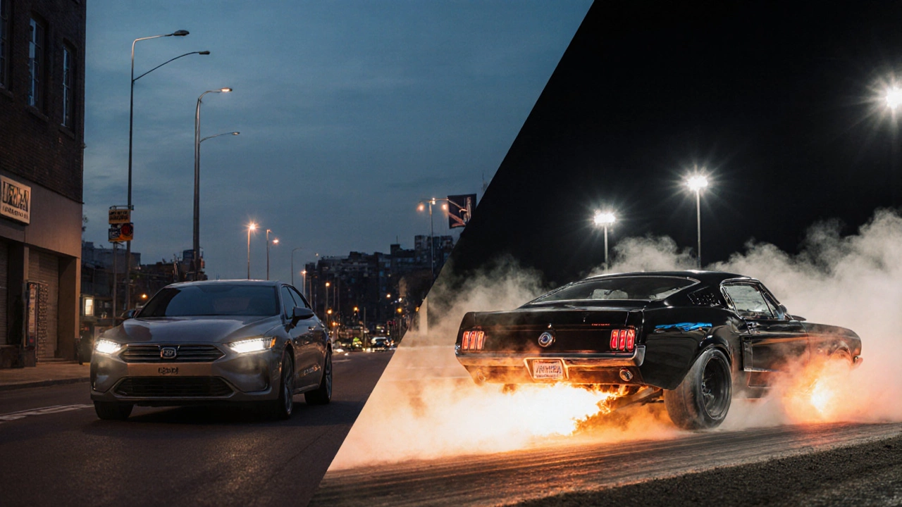 Dual scene of a city car with quiet Borla exhaust and a track car with loud Flowmaster exhaust.