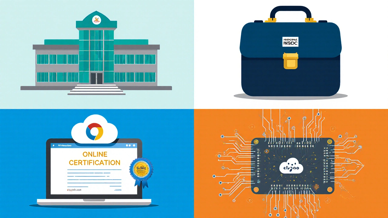 Four-panel illustration showing diploma, professional, online, and industry certificates with icons.