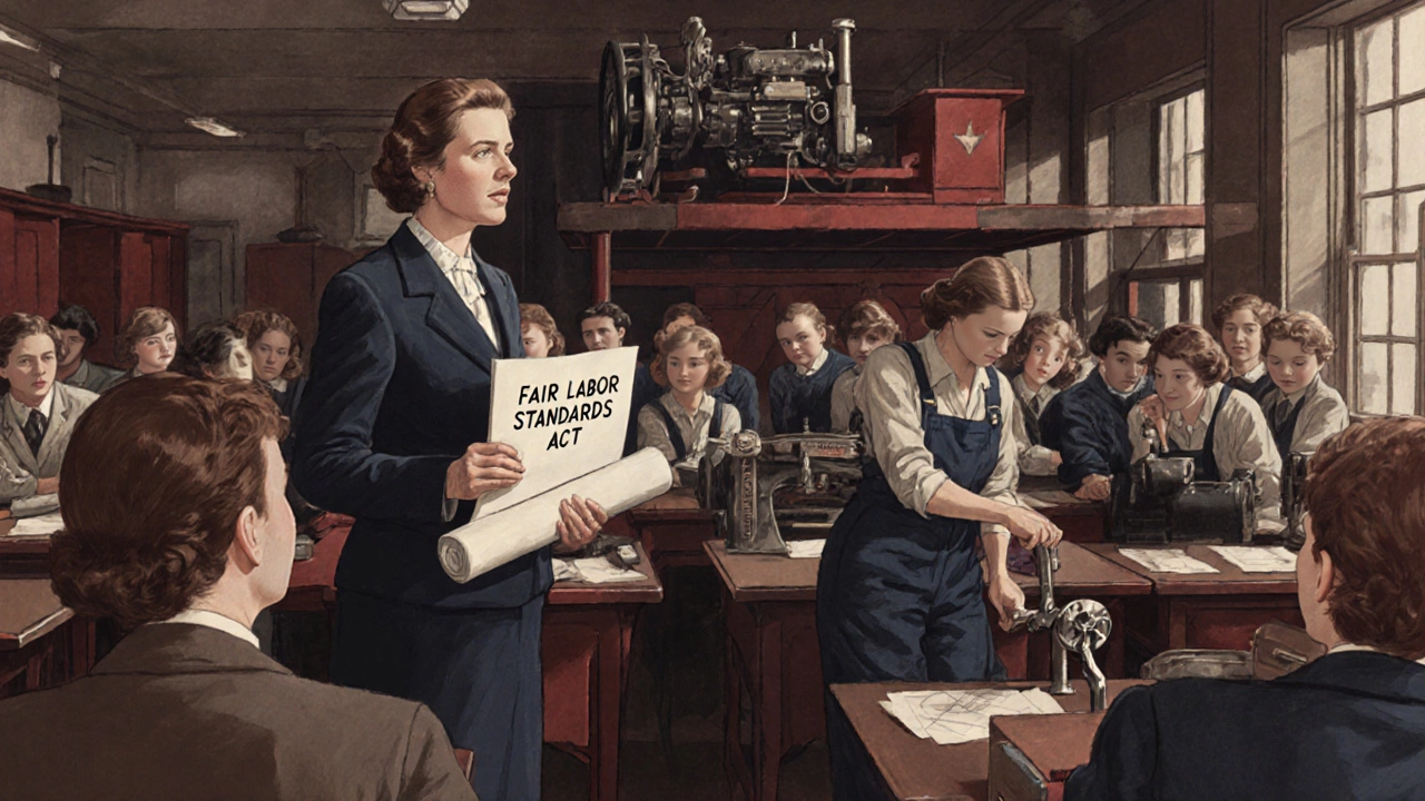 Frances Perkins speaking to women apprentices in a 1938 New Deal office.