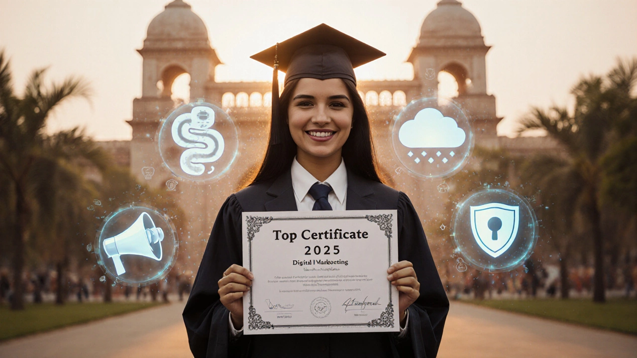 Graduate holding a certificate with holographic icons for data analytics, marketing, cloud, cybersecurity.