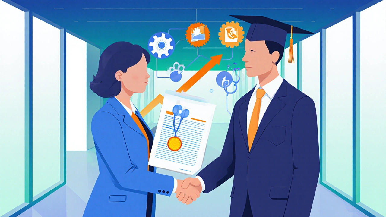 Graduate holding a certification badge shakes hands with a mentor, with trade icons in the background.