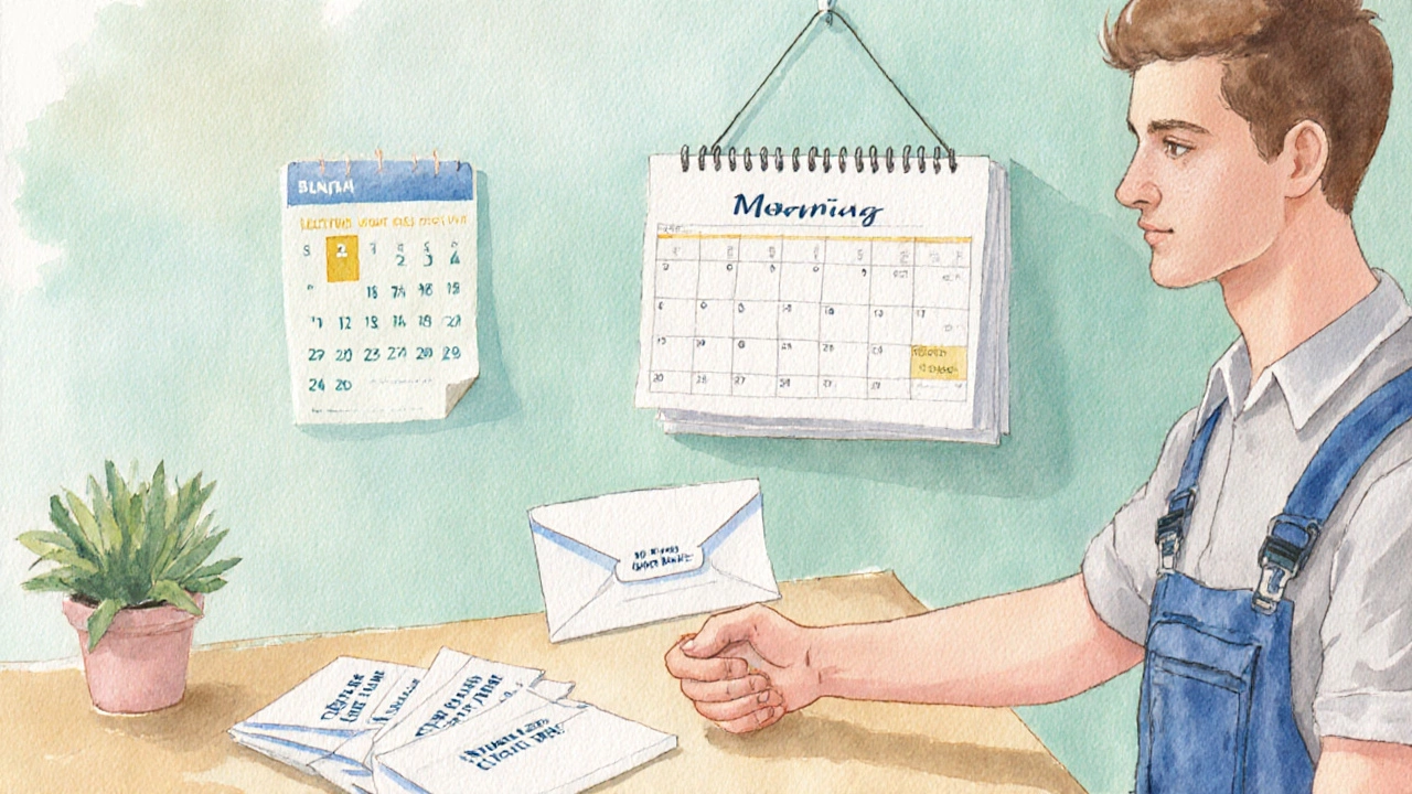 Homeowner comparing three quote envelopes with calendar and shaking hands with electrician.