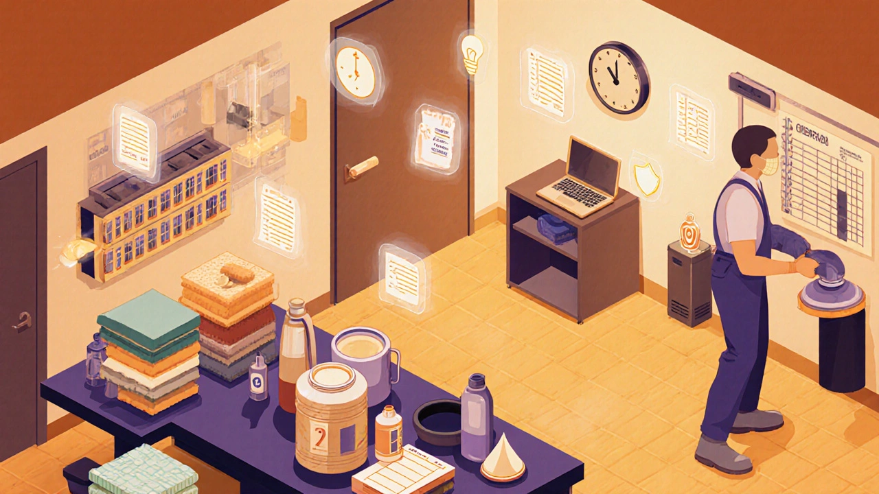 Isometric workshop showing detailing tools, technician, and floating icons for costs.