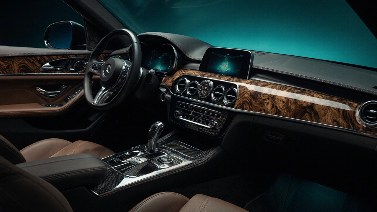 Luxury interior featuring leather seats, walnut wood dash, carbon‑fiber knob and teal ambient lighting.