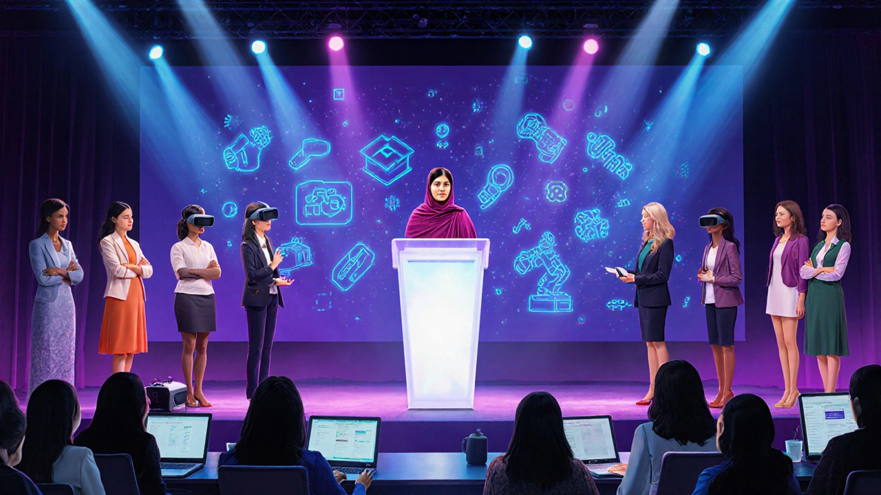 Malala Yousafzai at a summit with women using modern tech tools.