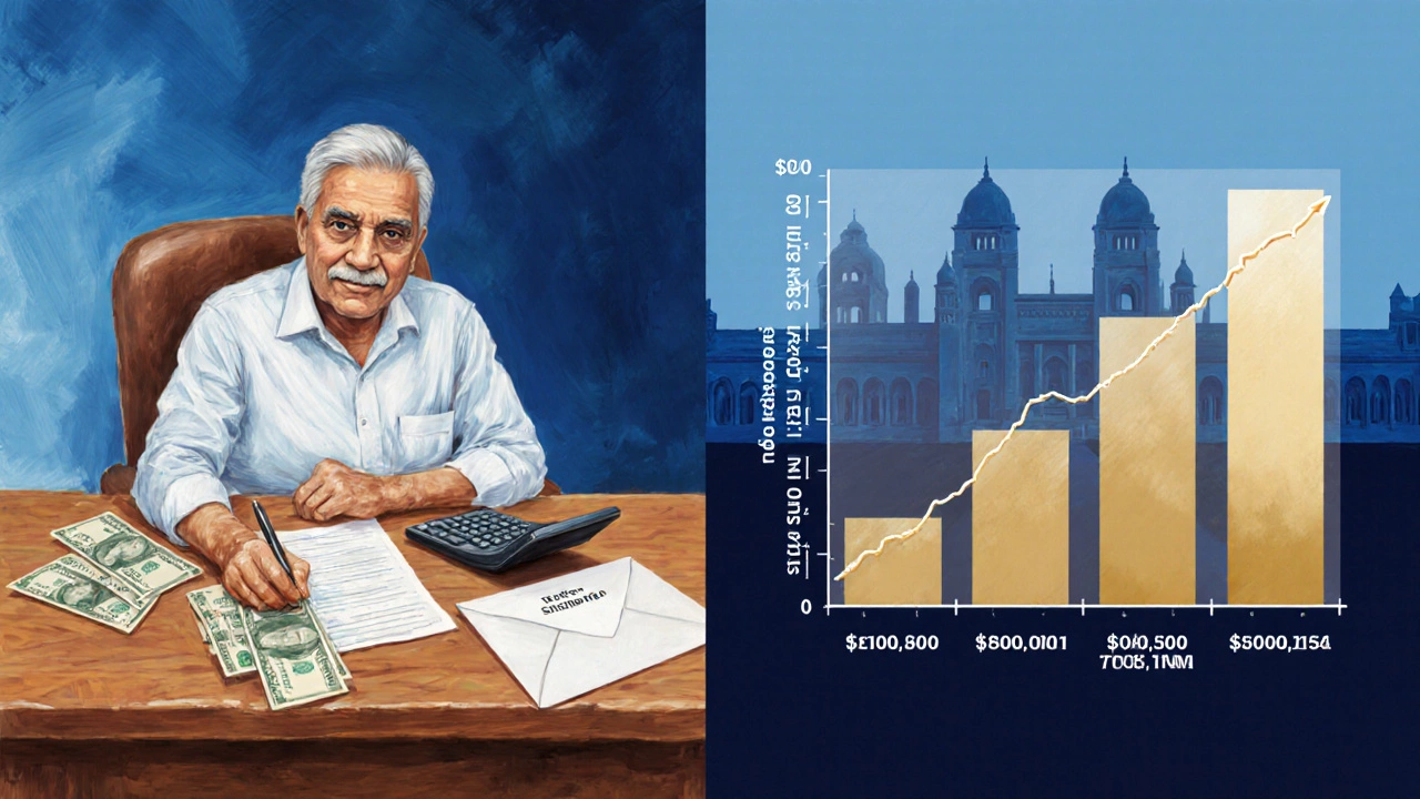 Mature student reviewing scholarship paperwork beside a rising salary graph, showing financial considerations.