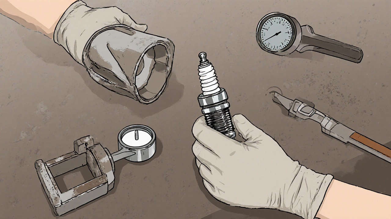 Mechanic&#039;s hands swapping an old plug for a new iridium plug with tools on a bench.