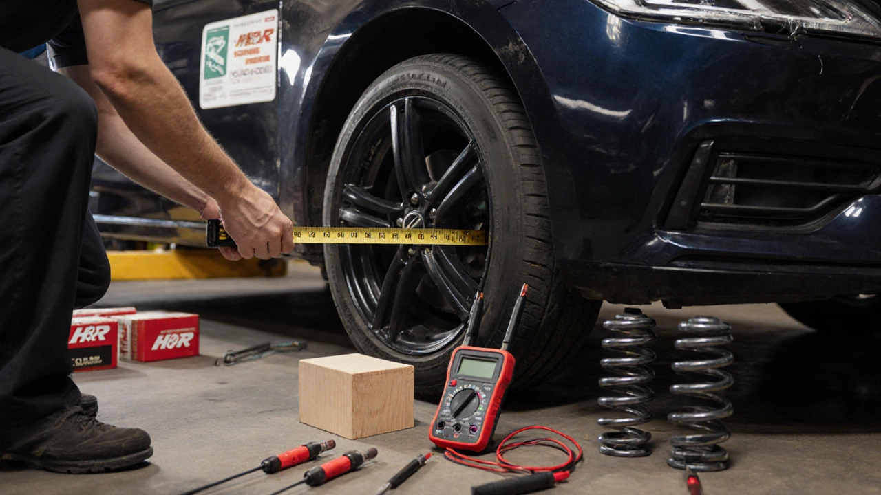 Mechanic measuring wheel arch height with a wooden block under the tire in a garage.
