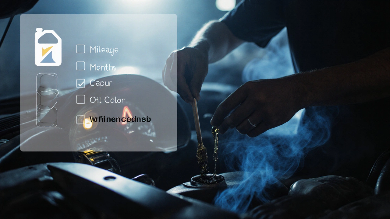Mechanic pulling a dark dipstick from an engine, with warning light and smoke visible.