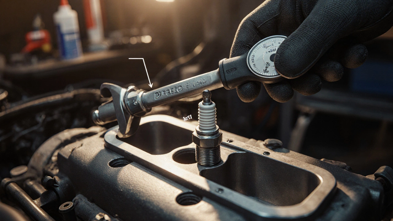 Mechanic tightening a new spark plug with a torque wrench in a workshop.