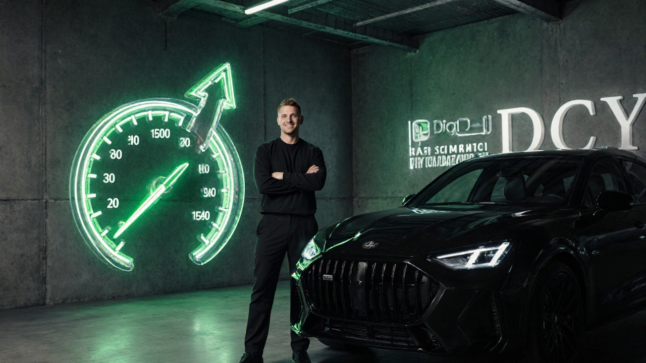 Owner beside a polished car with a glowing profit gauge and light arrow indicating growth.