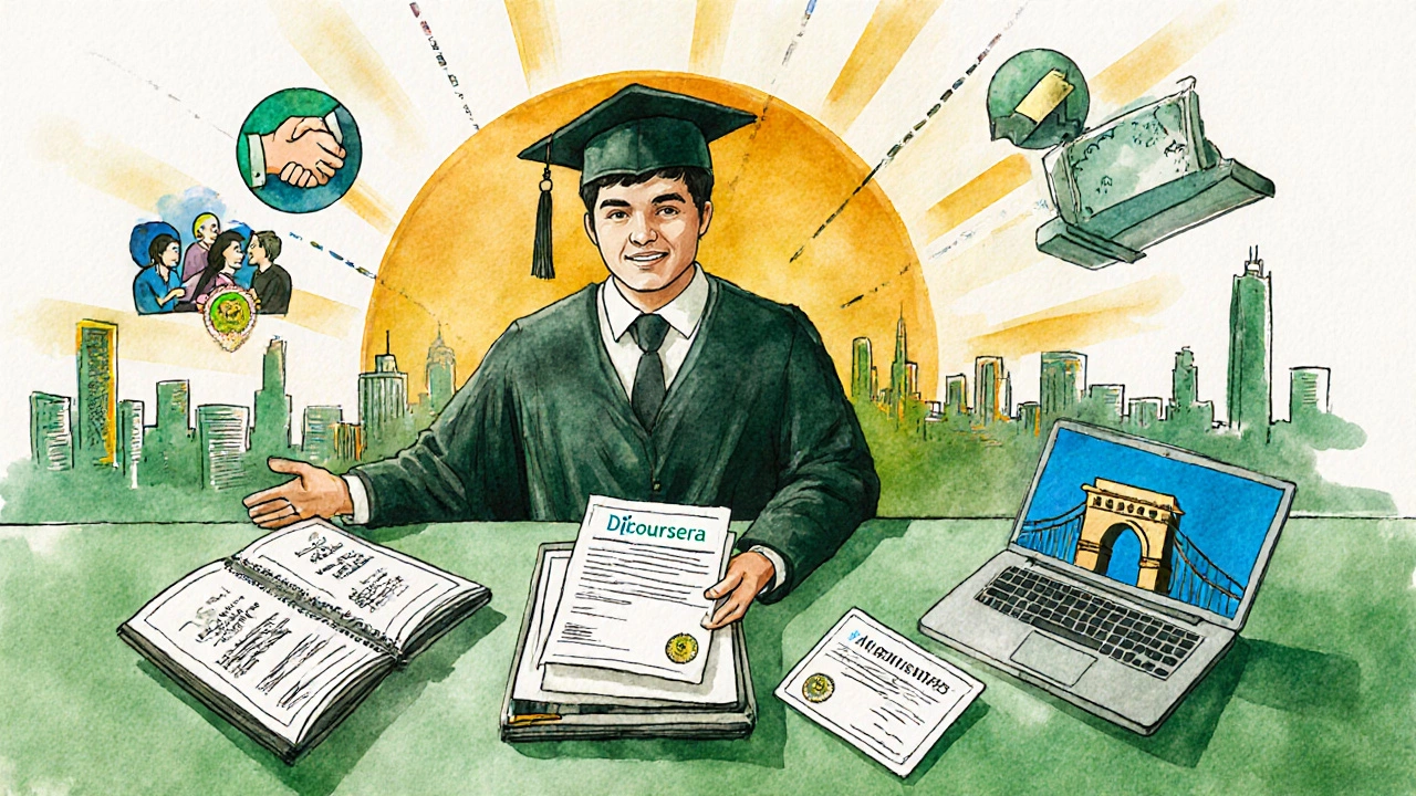 Proactive diploma graduate showcasing portfolio, certifications, and networking symbols.