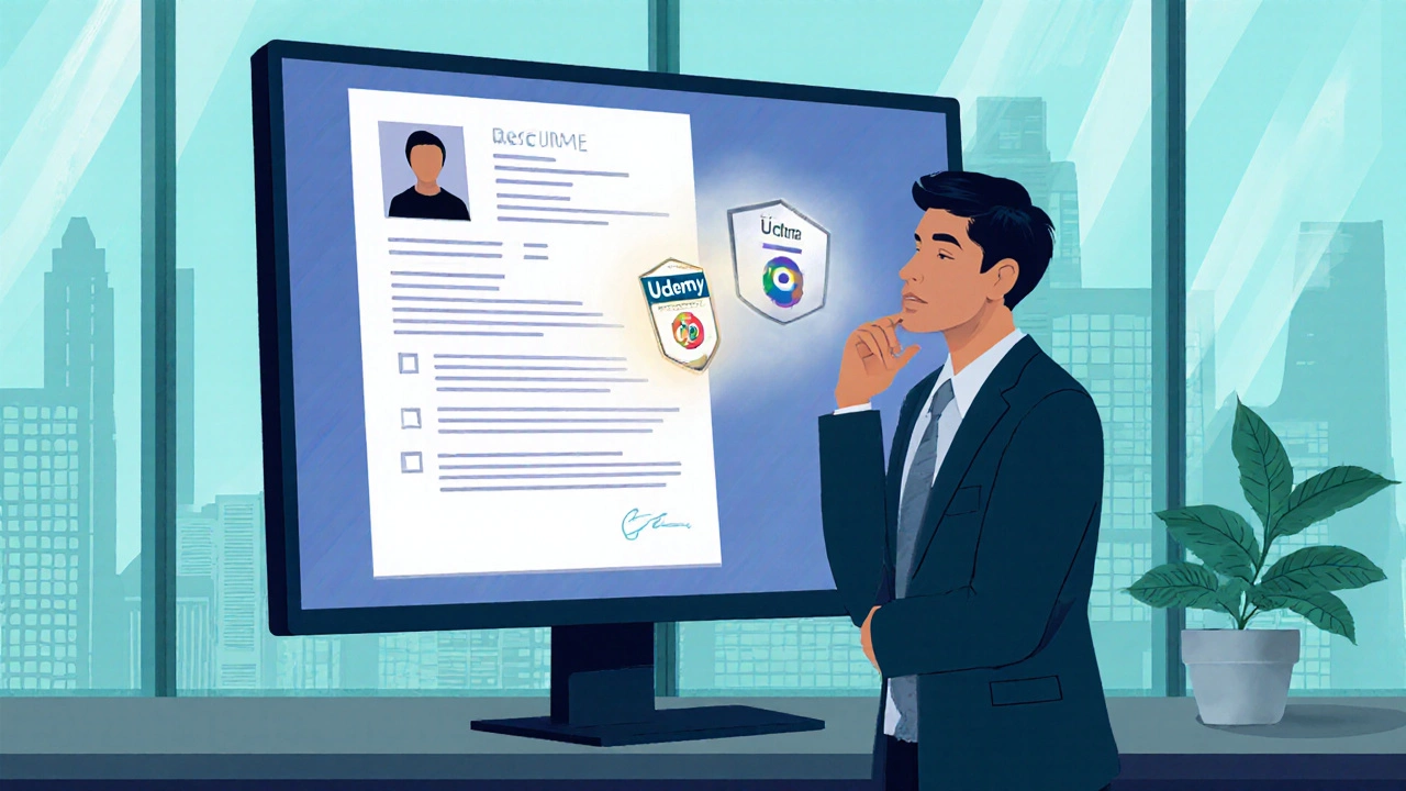 Recruiter examining a digital résumé that features Udemy and Coursera badges in an office.