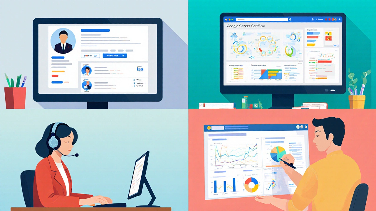 Recruiter screen showing LinkedIn profile with Google badge and job listings across tech, data, project, and UX fields.
