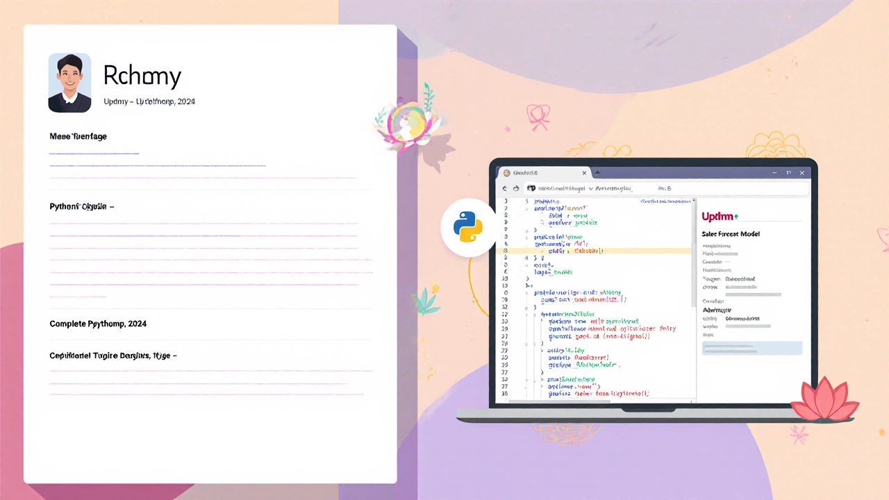 Side‑by‑side view of a skills list showing a Udemy course and a laptop project with a badge icon.