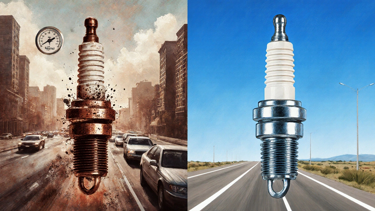 Side‑by‑side view of copper and iridium spark plugs with city and highway scenes.