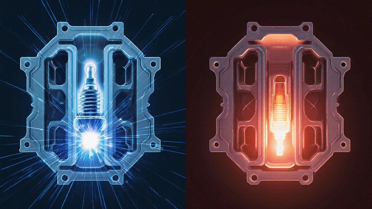 Split illustration contrasting a gasoline cylinder with a spark plug to a diesel cylinder using compression ignition and a glow plug.