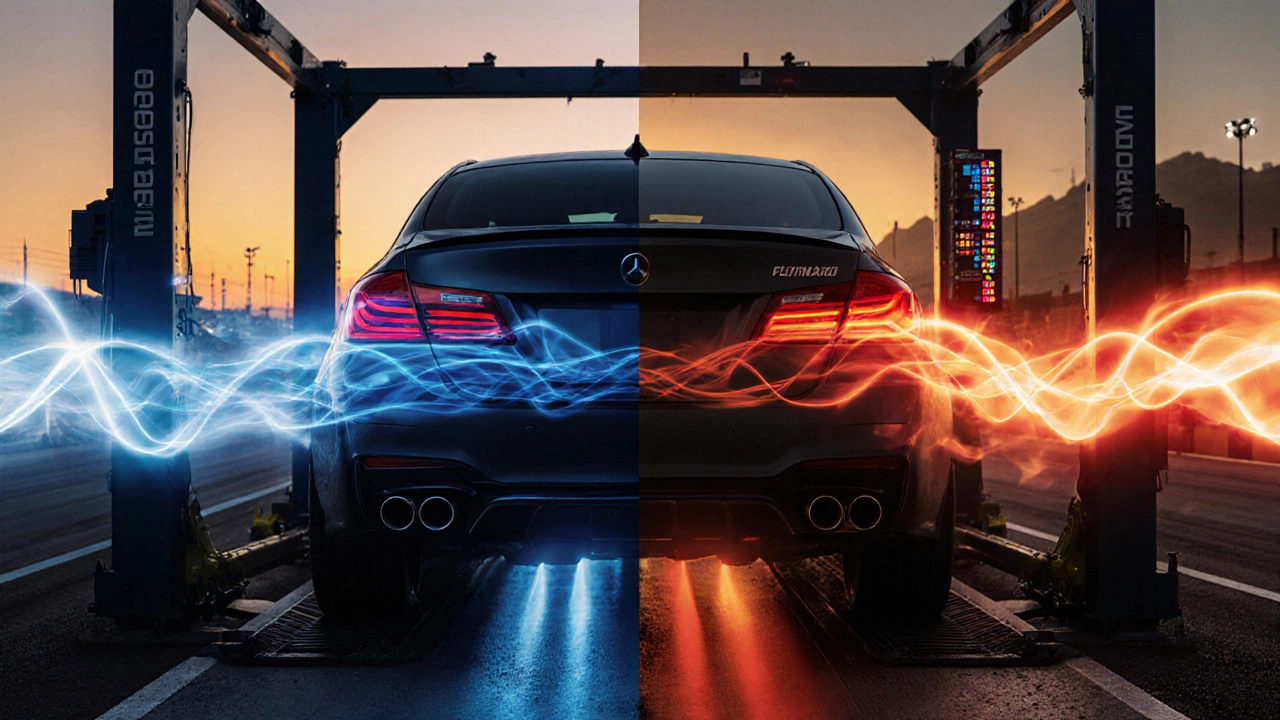 Split view of a car on a dyno: Borla shows smooth airflow, Flowmaster shows jagged sound waves.