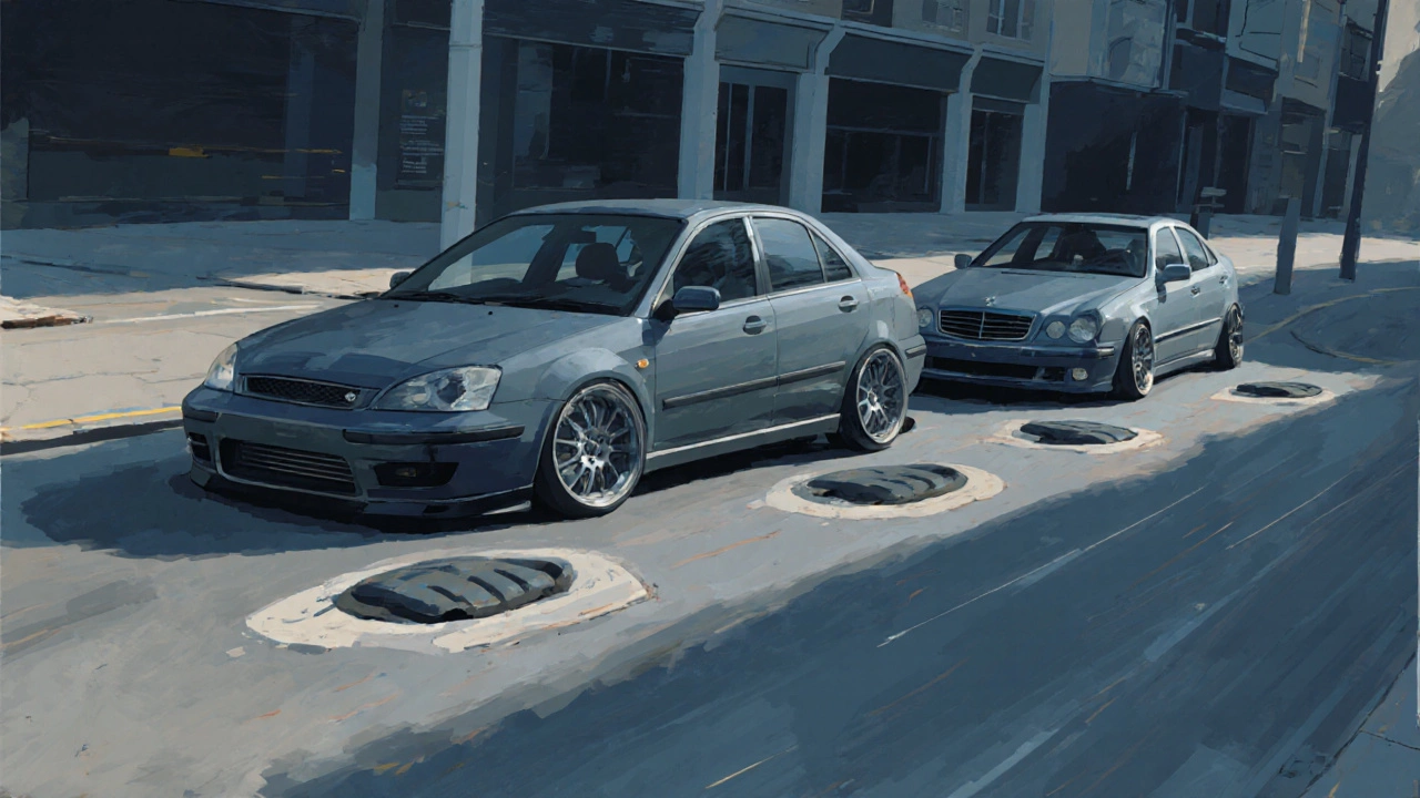 Three cars side by side at different ride heights showing optimal vs. excessive lowering.