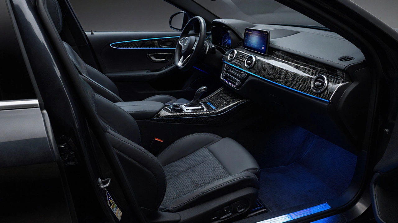 Upgraded cabin showing leather seat covers, steering wheel wrap, carpet floor and blue ambient LEDs.